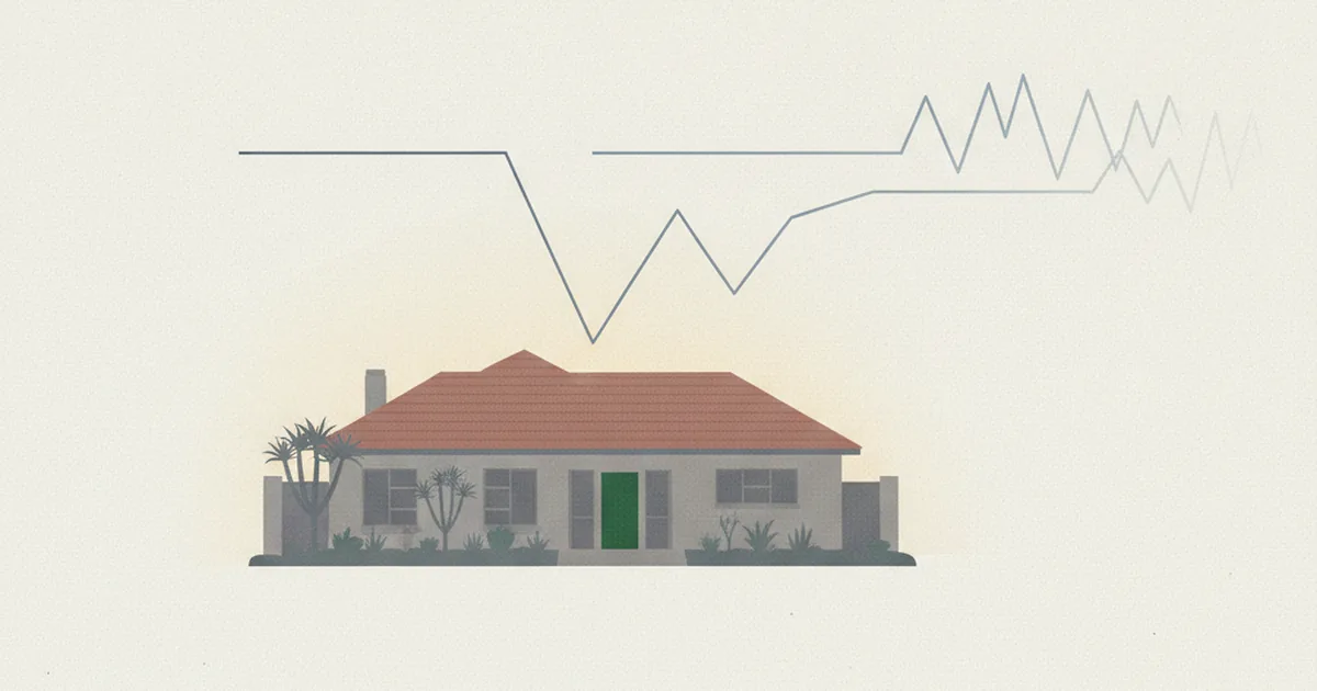 Minimal illustration of an ordinary South African home beneath two chart lines, one fading out and one continuing forward — a benchmark changing hands